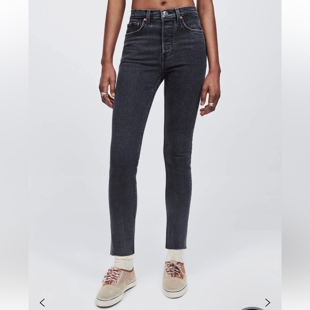 Re/Done Stretch High Rise Ankle Crop Raw‎ Hem Black Jeans Size 30